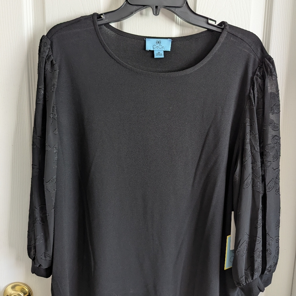 CeCe Black Mixed Media 3/4 Sleeve Round Neck Knit Blouse Sheer Sleeve Plus 2X